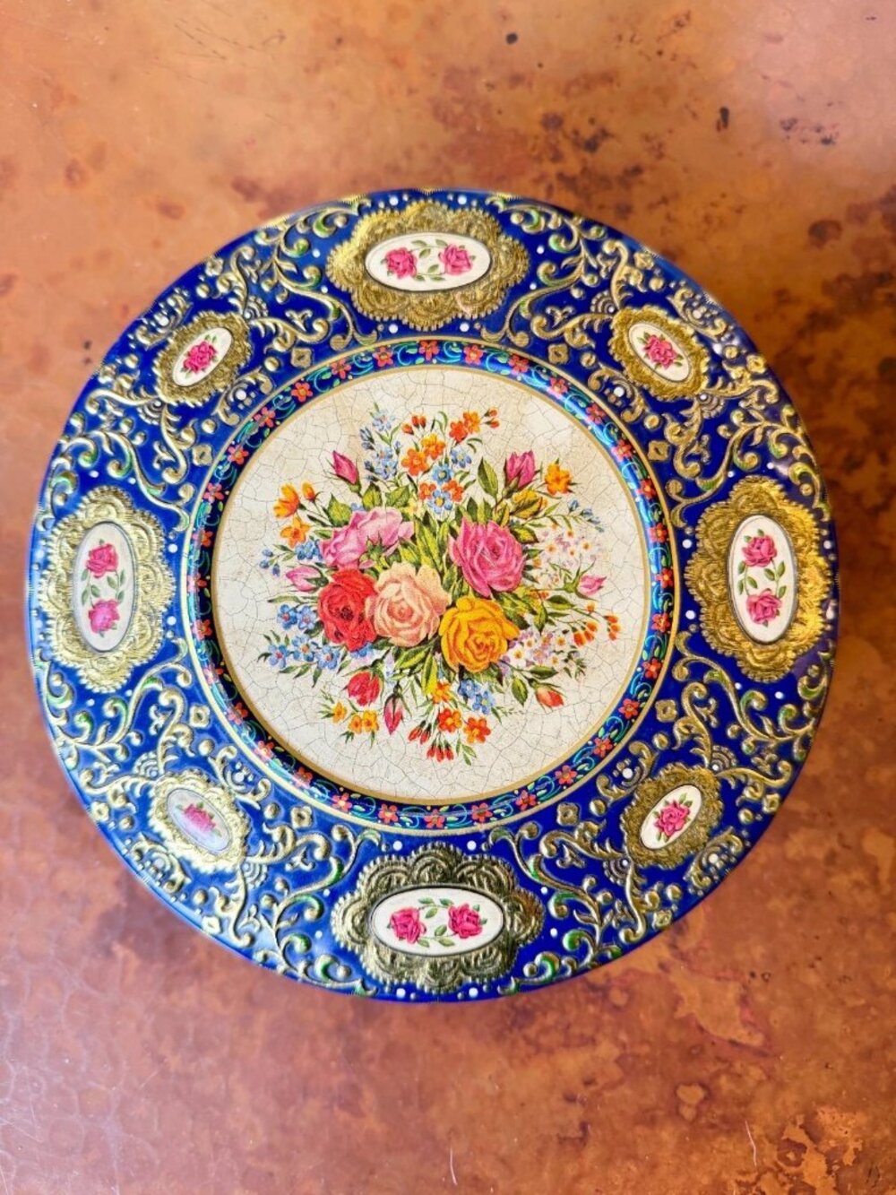 Vintage Container Holland Blue Gold Floral Round Cookie Tin 8”